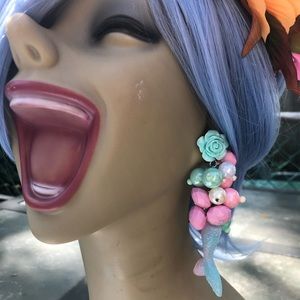 Mermaid 🧜‍♀️ pastel pink blue tail fin earrings ocean bohemian t2k Kawaii swim